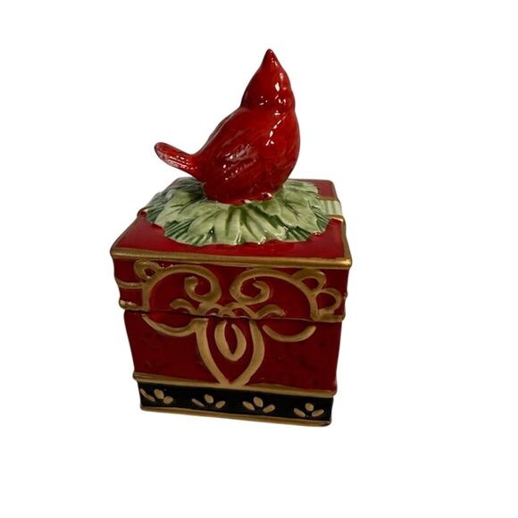 Fitz and floyd Winter Claus Red Cardinal Lidded Trinket Box, w/ Original Box - Picture 5 of 7